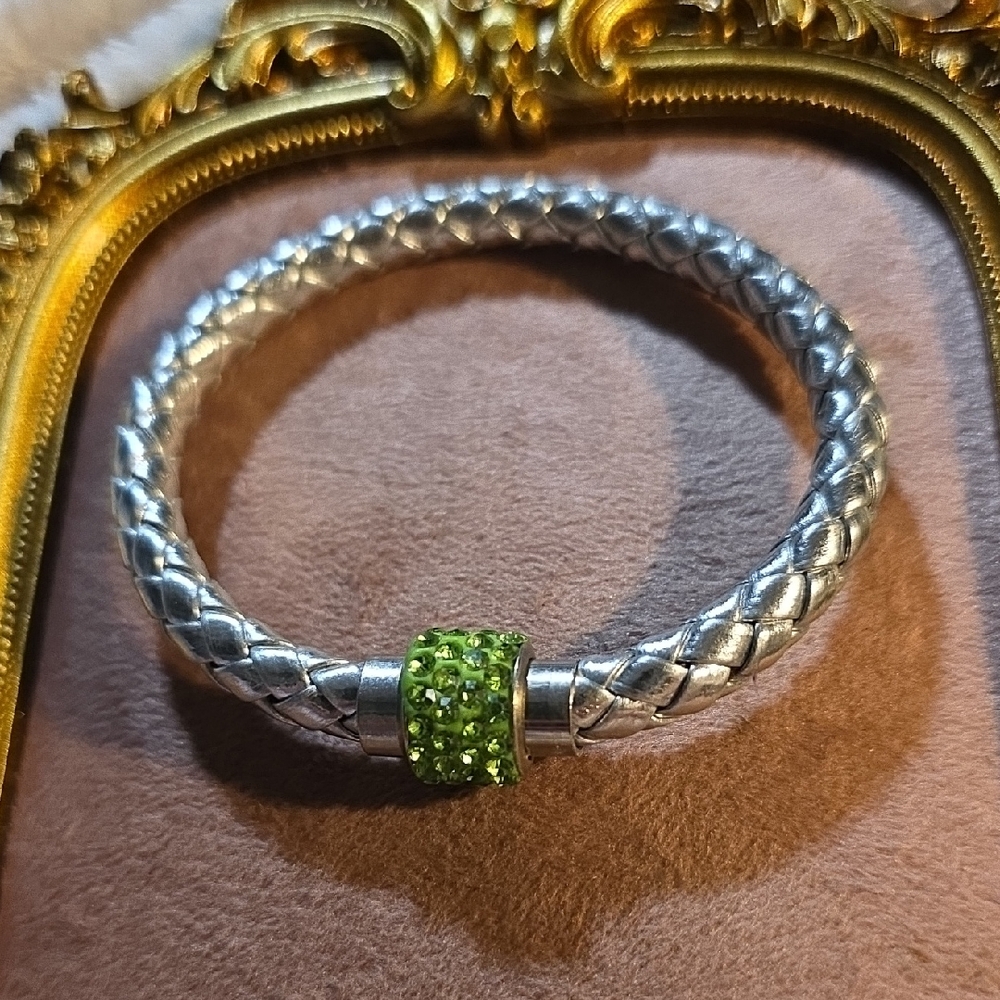 Magnetic Clasped  Silver Leather Braided Bracelet With Green Crystal Accent